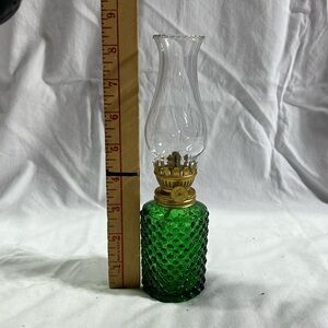 Vintage Green Hobnail Miniature Oil Lamp with Clear Globe